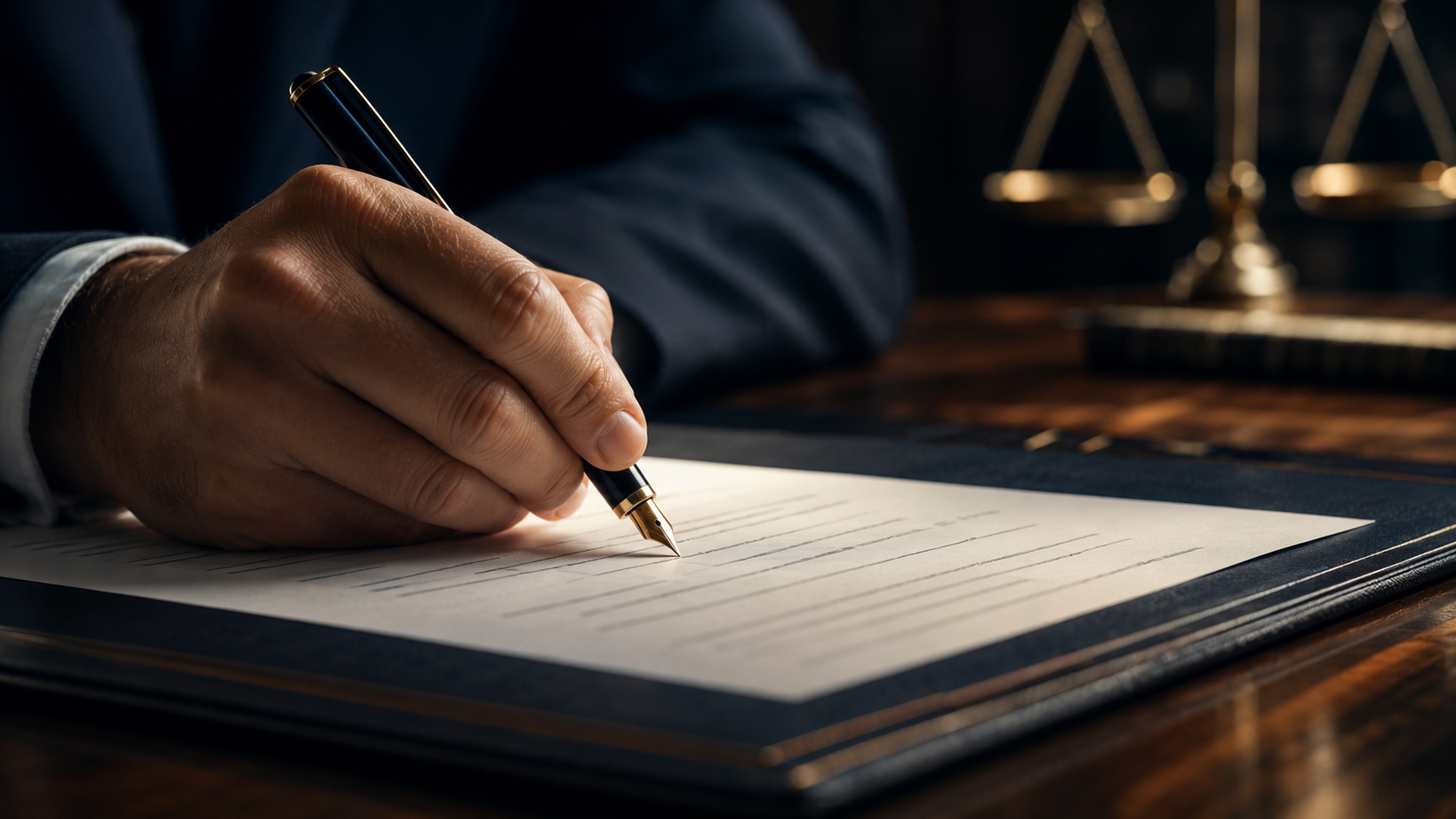 Firma de un documento legal sobre escritorio de caoba