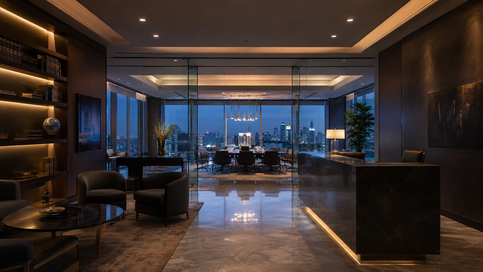 Recepción y sala de reuniones de la firma con vista a la ciudad