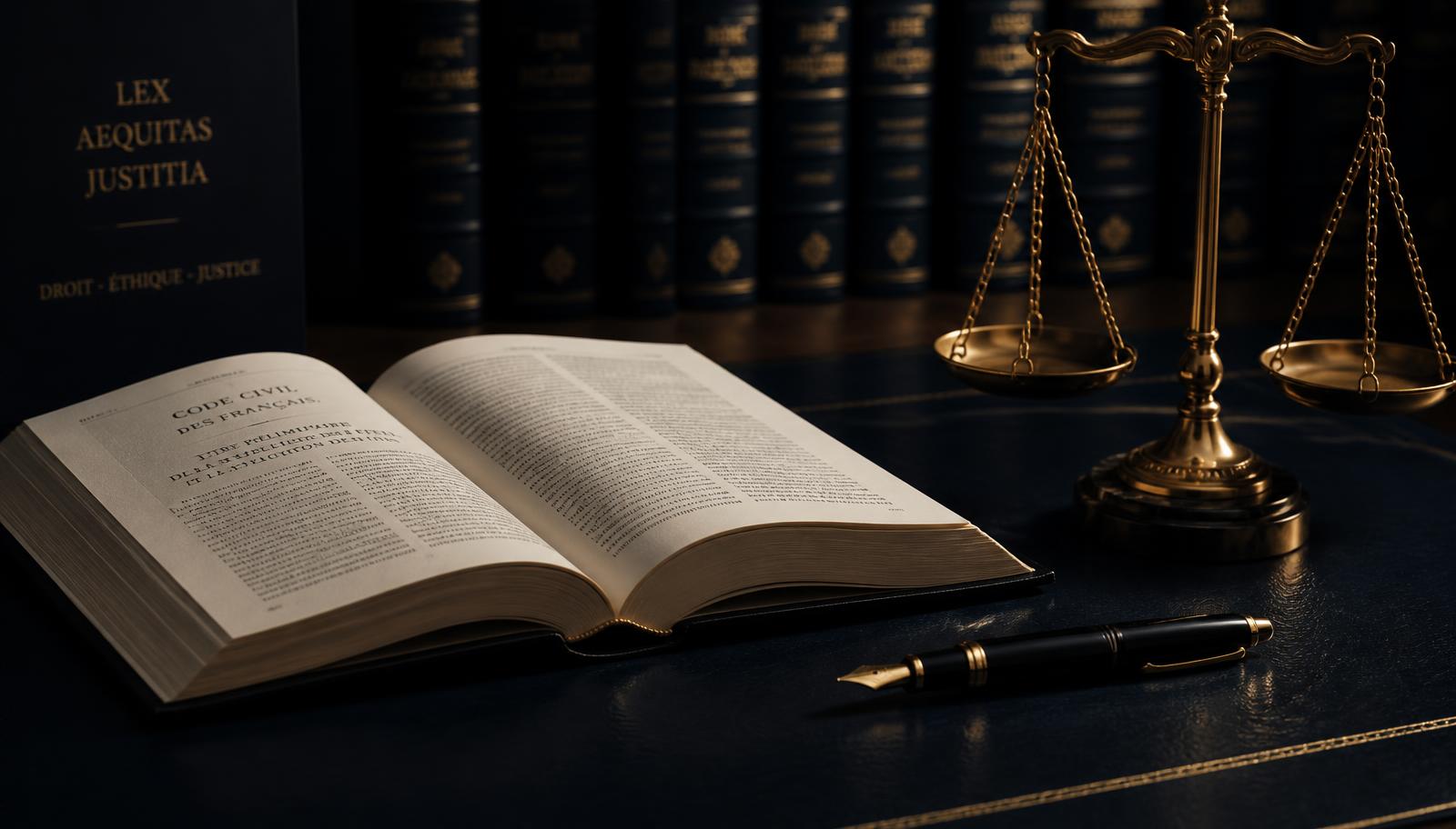 Código legal abierto, pluma y balanza de la justicia sobre escritorio